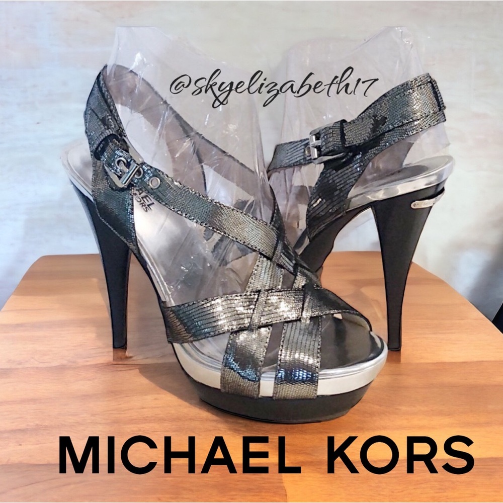 Michael Kors Metallic Embossed Leather Criss-Cross Strappy Platform Heel, 8.5